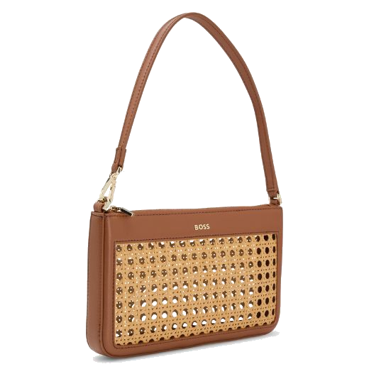 This BOSS Sandy Brown Faux Leather Woven Shoulder Bag has a woven panel on both sides that makes the bag great for summer.