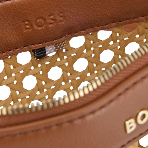 This Sandy Brown Faux Leather Woven Shoulder Bag by BOSS has a stitched ribbon inside with the three-stripe detailing.