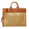 This BOSS Sandy Brown Faux Leather Woven Tote Bag is made out of faux leather and a woven panel on either side.