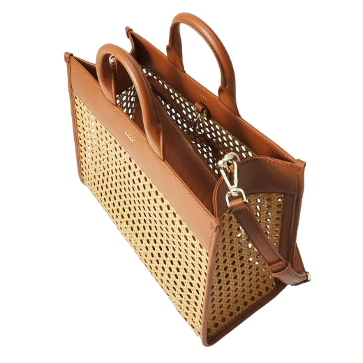 This Sandy Brown Faux Leather Woven Tote Bag by BOSS has a detachable crossbody strap and a removable pouch.