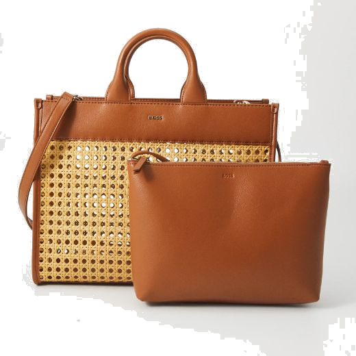 This Sandy Brown Faux Leather Woven Tote Bag by BOSS has the brand lettering on the front in polished gold metal.