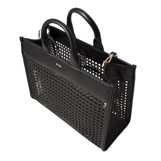 This Sandy Faux Leather Black Woven Tote Bag With Zip Pouch by BOSS has two padded grab handles in matching PU leather.