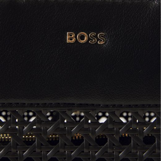 You'll find the BOSS brand name in polished gold lettering on the front of this Sandy Faux Leather Black Woven Tote Bag With Zip Pouch.