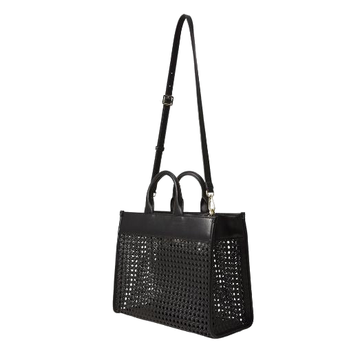 The Sandy Faux Leather Black Woven Tote Bag With Zip Pouch has a detachable and adjustable PU leather strap.