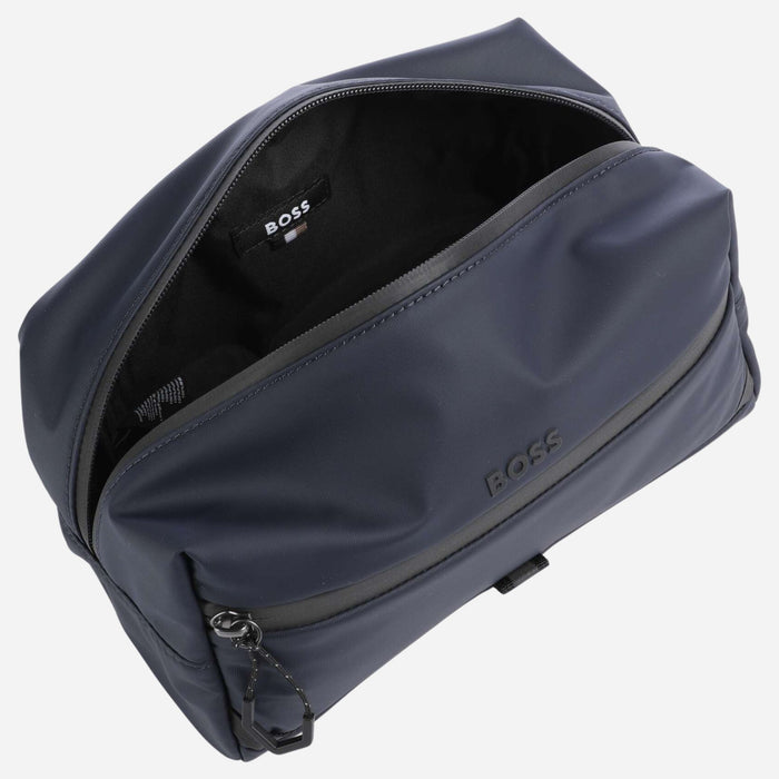 Inside the BOSS Stenson Navy Blue Wash Bag with Raised Black Logo.