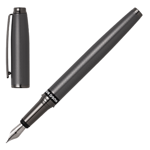This Stream Fountain Pen Gunmetal by Hugo Boss has a polished gunmetal clip and trims which stand out subtly from the textured pattern.