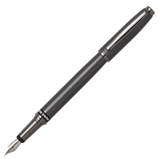 This Hugo Boss Stream Fountain Pen Gunmetal has the brand name inside a black band around the barrel.