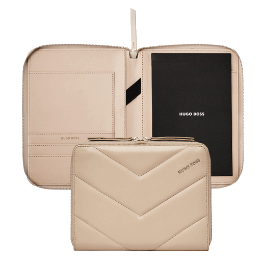 This Hugo Boss Triga Conference Folder A5, Keyring & Ballpoint Pen Set has the brand name on each item for subtle branding.