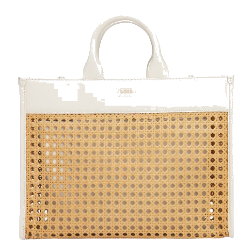 This White Faux Leather Woven Tote Bag With Zip Pouch by BOSS is made out of PU leather with a woven straw pattern on both sides.