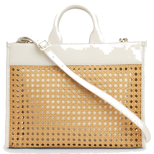 This White Faux Leather Woven Tote Bag With Zip Pouch by BOSS has a detachable shoulder strap that is also adjustable.