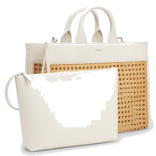 This White Faux Leather Woven Tote Bag With Zip Pouch has two grab handles in matching white PU leather.