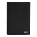 This BOSS Zair Black Textured Faux Leather Passport Cover has the foil embossed brand name on the front in silver.