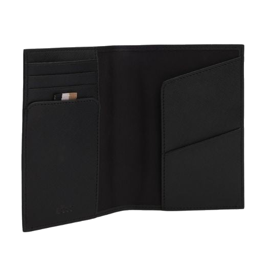 This Zair Black Textured Faux Leather Passport Cover by BOSS has 5 card slots inside with slip pockets to insert your passport and documents etc.