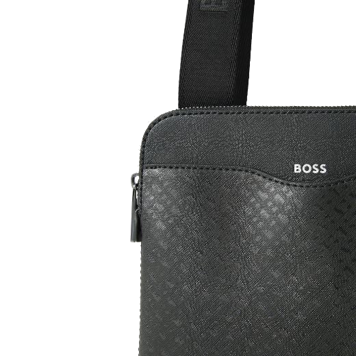 The BOSS logo is found on the front of the Zair Faux Leather Monogram Envelope Bag embossed in silver foil.