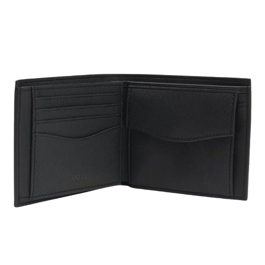 This BOSS Zair Monogram 4CC Bifold Coin Pouch Wallet has 4 card slots inside with a coin pouch, and the banknote compartment that is full length.