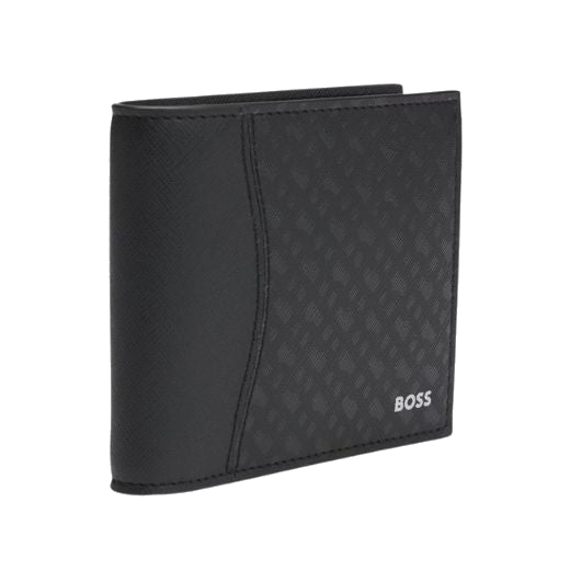 The BOSS Zair Monogram 4CC Bifold Coin Pouch Wallet has the brand name on the front in silver foil embossing.