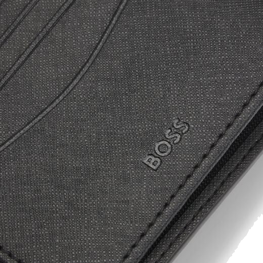 This Zair Monogram 4CC Bifold Coin Pouch Wallet by BOSS has a textured surface on the leather and comes in a branded gift box.