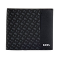 This BOSS Zair Monogram Faux Leather 4CC Coin Wallet has the brand name in silver foil embossing in the front corner.