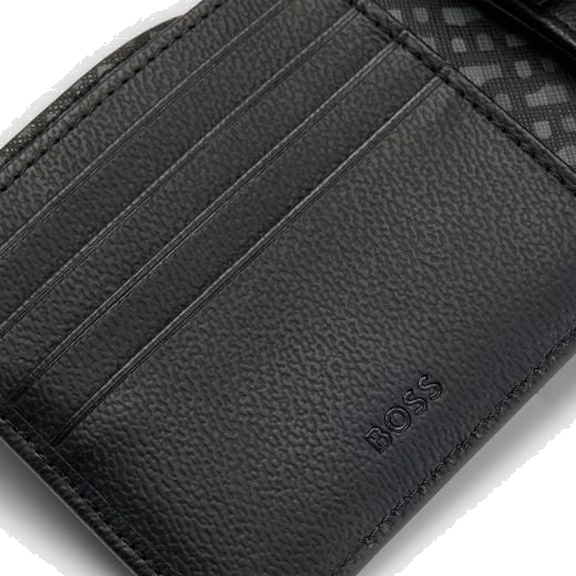 This BOSS Zair Monogram Faux Leather 4CC Coin Wallet has textured bonded leather in black with a panel of the monogram print.