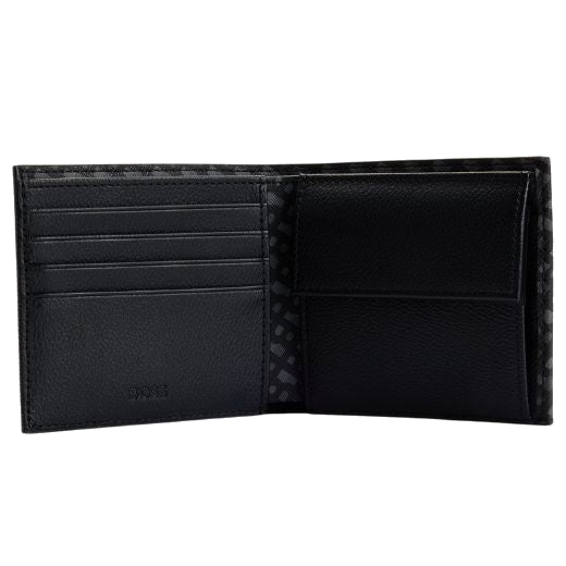 This Zair Monogram Faux Leather 4CC Coin Wallet by BOSS has a coin pouch and 4 card slots inside the bifold.