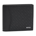 This BOSS Zair Monogram Faux Leather 8CC Bifold Wallet is made with textured bonded leather with a monogram print on the main panel on the front.