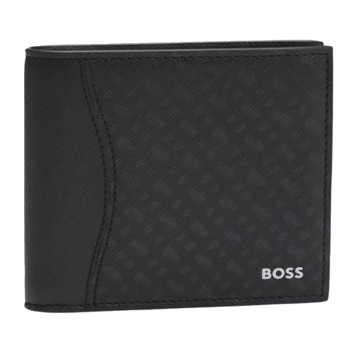 This BOSS Zair Monogram Faux Leather 8CC Bifold Wallet is made with textured bonded leather with a monogram print on the main panel on the front.
