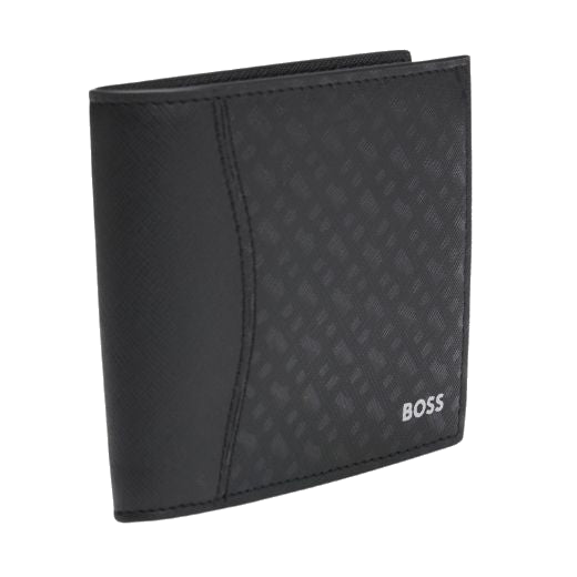 This Zair Monogram Faux Leather 8CC Bifold Wallet by BOSS has the brand name on the front bottom corner in silver foil embossing.