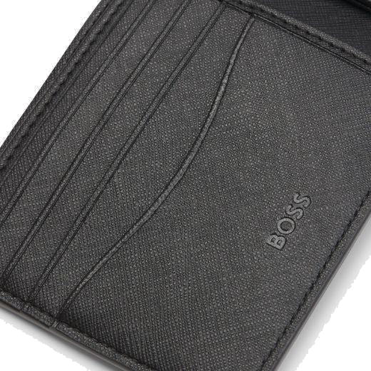this Zair Monogram Faux Leather 8CC Bifold Wallet by BOSS has 4 card slots on either side inside the bifold with two slip pockets and a full length bank note compartment.