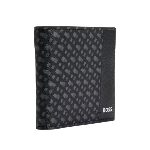 This BOSS Zair Monogram Faux Leather 8CC Wallet has the brand name on the front in silver foil embossing.