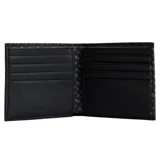 This Zair Monogram Faux Leather 8CC Wallet by BOSS has 8 card slots and slip pockets, along with a banknote compartment.
