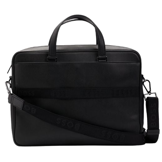 This BOSS Zair Monogram Faux Leather Document Case has a detachable shoulder strap that is branded with the BOSS brand name.