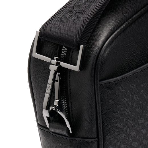 This Zair Monogram Faux Leather Document Case has polished gunmetal hardware that is engraved with the BOSS name.