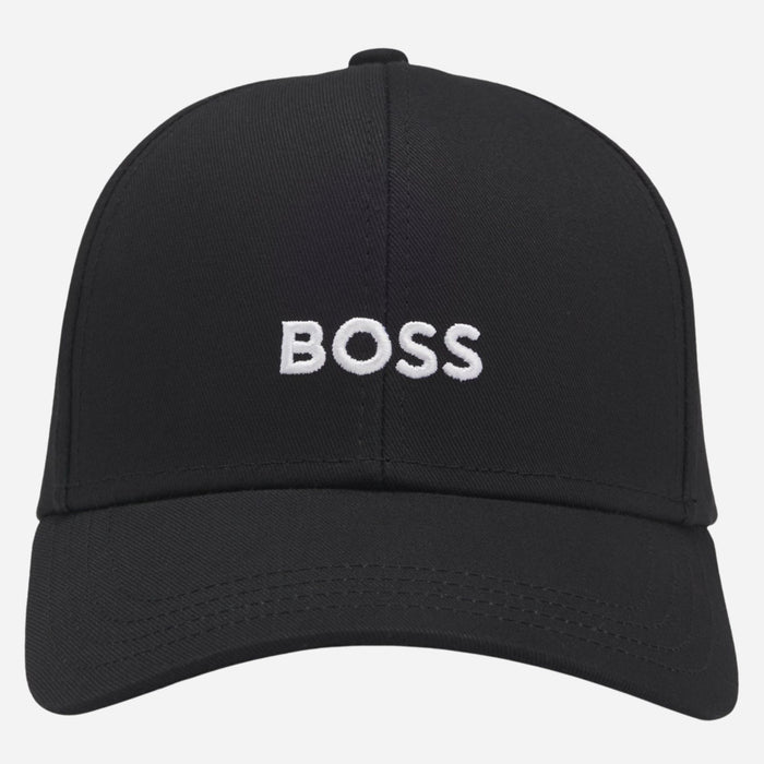 Front view of the BOSS Zed Black Cotton-Twill Cap with Embroidered White Logo.