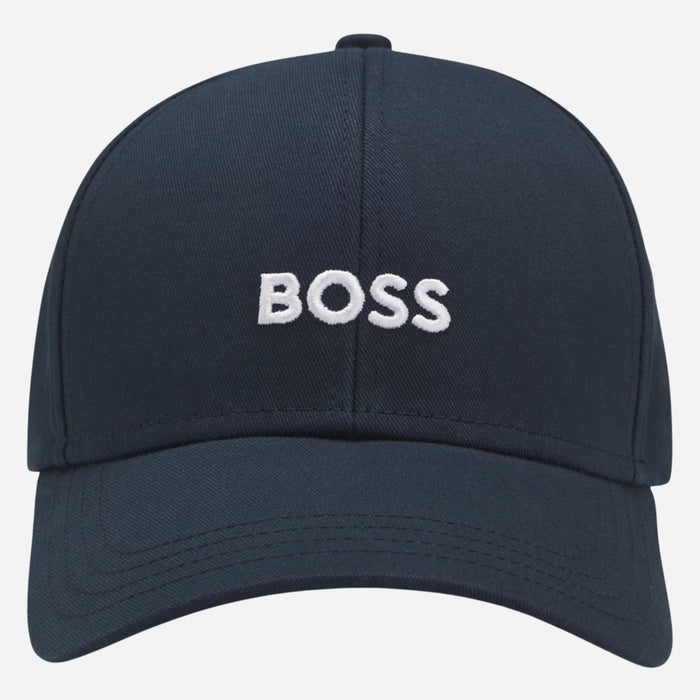 Front view of the BOSS Zed Navy Blue Cotton-Twill Cap with Embroidered White Logo.