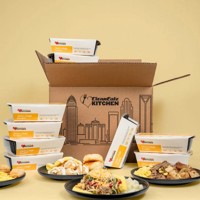 Breakfast Meal Plan delivery box with Chicken & Waffle meals and plated eggs, biscuits, and morning sides