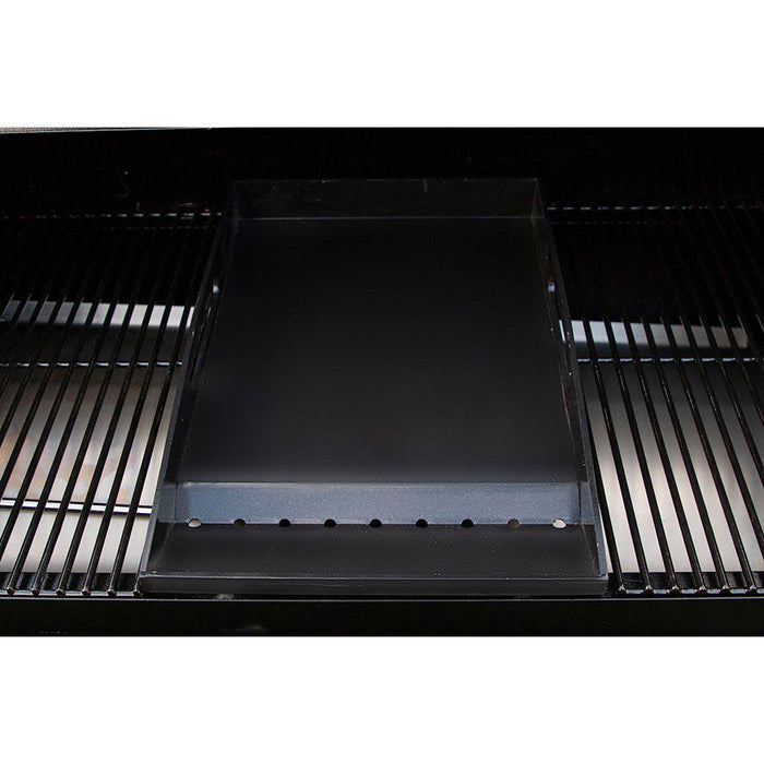 Close up of Pit Boss Ceramic Coated Griddle Insert and Cooking Grates. Front view.