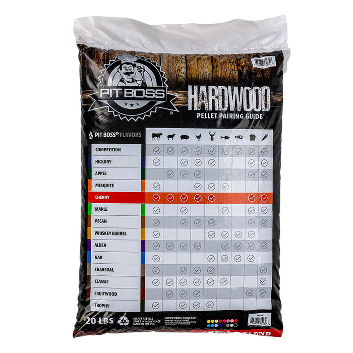 lifestyle_1, back of bag. "Hardwood pellet pairing guide" chart of flavors
