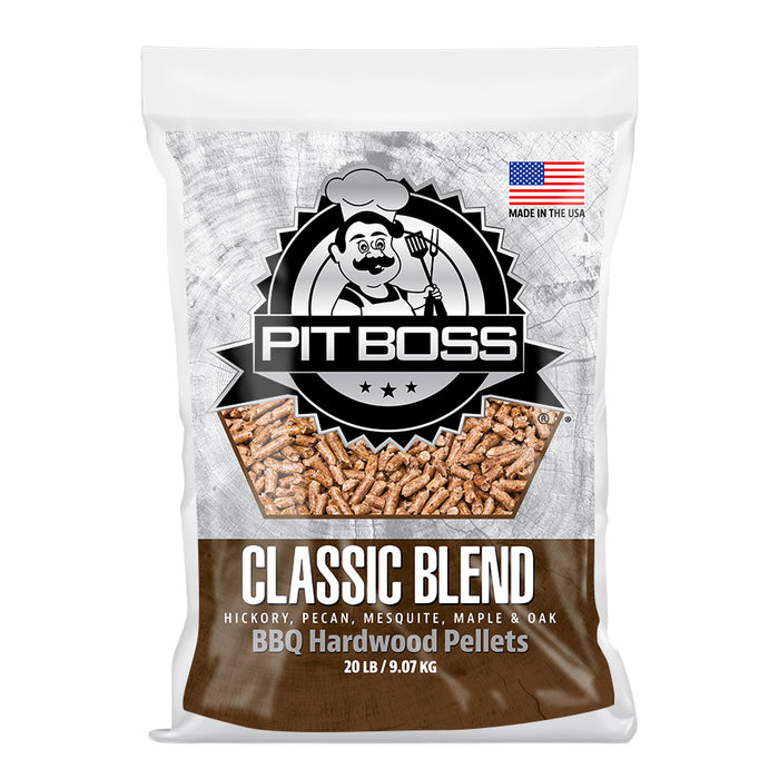 Pit Boss 20 lb Classic Blend Hardwood Pellets. Brown bag with white lettering. Large Pit Boss logo. Made in the US.