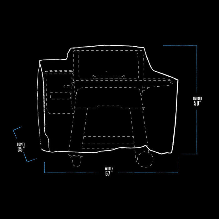 black and white grill cover dimension drawing with blue accents. cover measures 57" x 35" x 50"