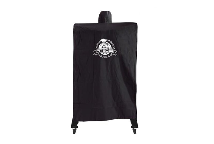 Black Pit Boss Grills Competition Series Vertical Smoker Cover with brand logo and wheels.