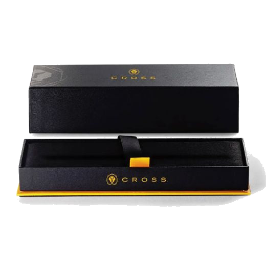This ATX Brushed Chrome Ballpoint Pen by Cross comes in a black gift box with an elastic loop to hold the pen in place.