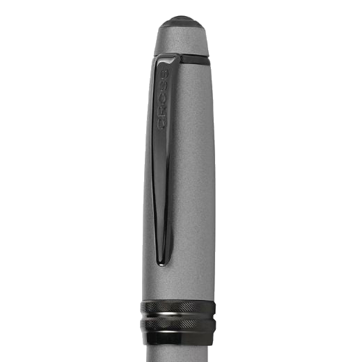 You will find the Cross brand name on this Bailey Matte Gunmetal Fountain Pen along the top of the clip.