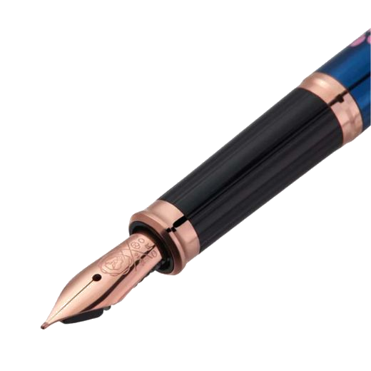 The Century II Cherry Blossom Fountain Pen in Blue PVD has a steel nib plated with rose gold.