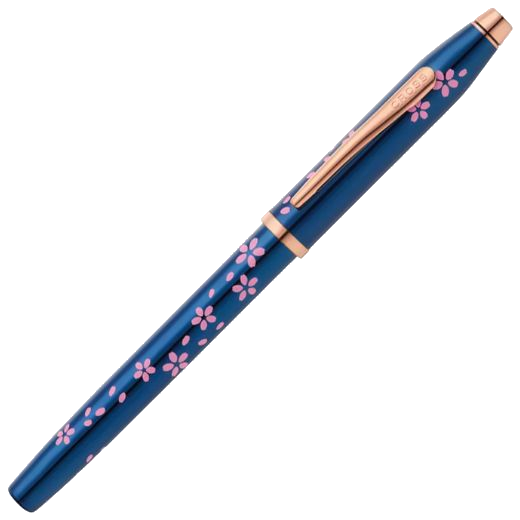The Century II Cherry Blossom Fountain Pen in Blue PVD has the Cross name engraved on the clip.