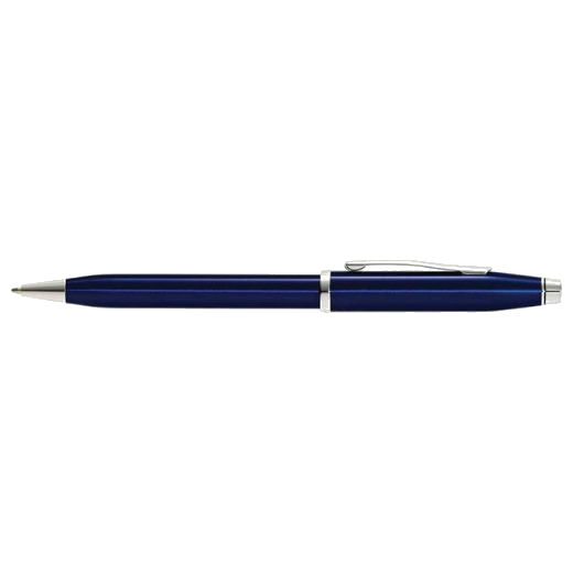This Cross Century II Translucent Blue Lacquer Ballpoint Pen has polished chrome accents on the cap ring, the nib, the cap top, and the clip.