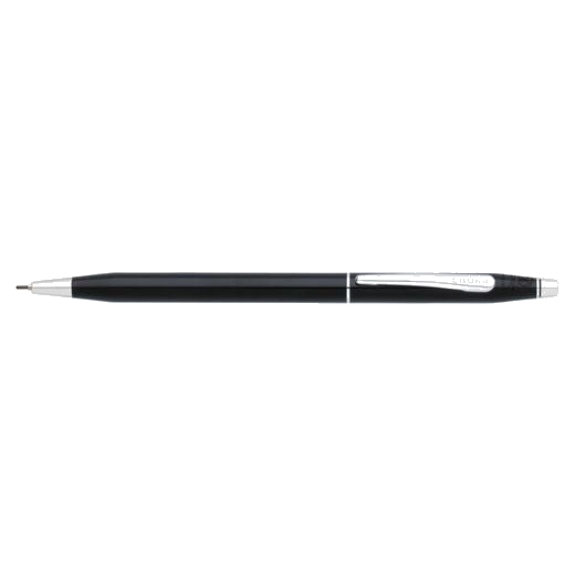The Classic Century Black Lacquer 0.7mm Mechanical Pencil with Chrome Trim has the Cross brand name engraved on the clip.