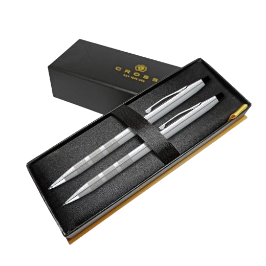 This Classic Century Satin Chrome Ballpoint and Pencil 0.7mm Set by Cross has the brand name engraved on both of the polished chrome clips.