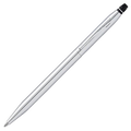This Cross Click Lustrous Chrome Ballpoint Pen has the brand name engraved onto the clip of the pen with black trims at the top to click the pen to open.