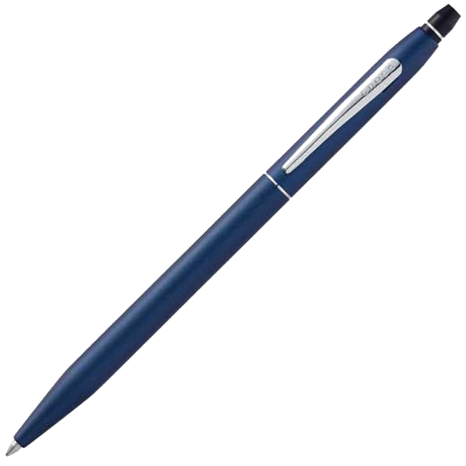 This gift set contains a blue smooth leather notebook and a Cross navy pen.