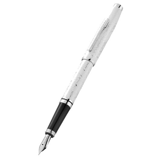 The Coventry 2025 Zodiac Year of the Snake Pearl White Lacquer Fountain Pen has a stainless steel nib and polished chrome trims.